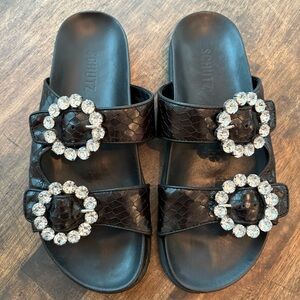 SCHUTZ Black Leather Rhinestone Embellished Chunky Slides! Great condition. 10